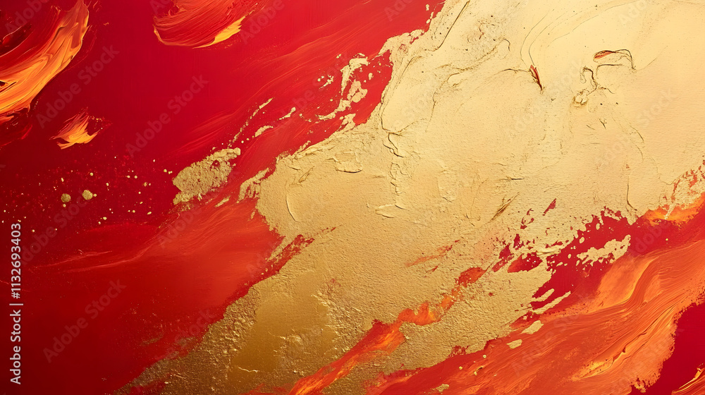 Poster chinese abstract gold ink in red paper texture fat paint on surface background flat lay top view cop