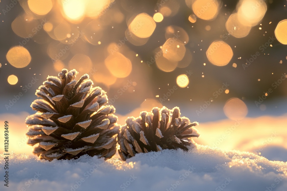 Poster frosted pine cones on snowy ground with blurred golden bokeh background creating a magical winter wo