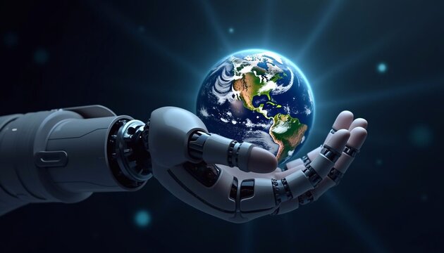 3D rendering of a robotic hand holding a glowing planet Earth on a futuristic background, planet, robotic, global, technology, future, render, science, modern