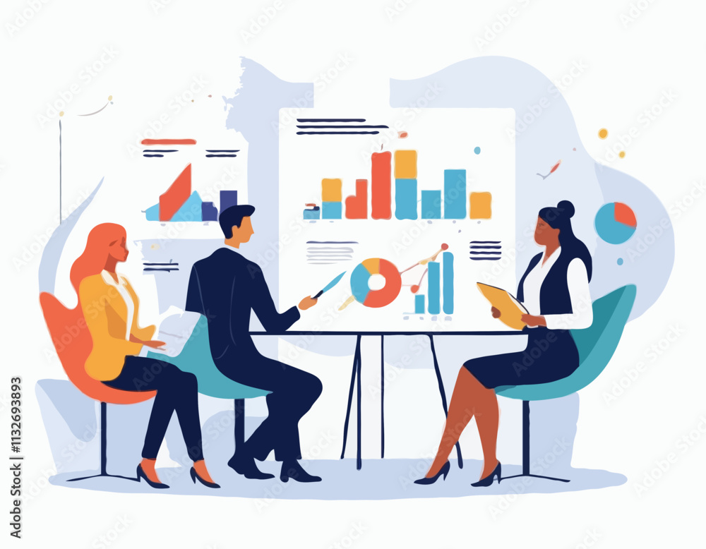 Fototapete business analysis concept. vector illustration in a flat style of a group of diverse people discussi