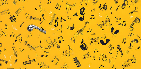 A vibrant yellow background filled with various musical notes and instruments.