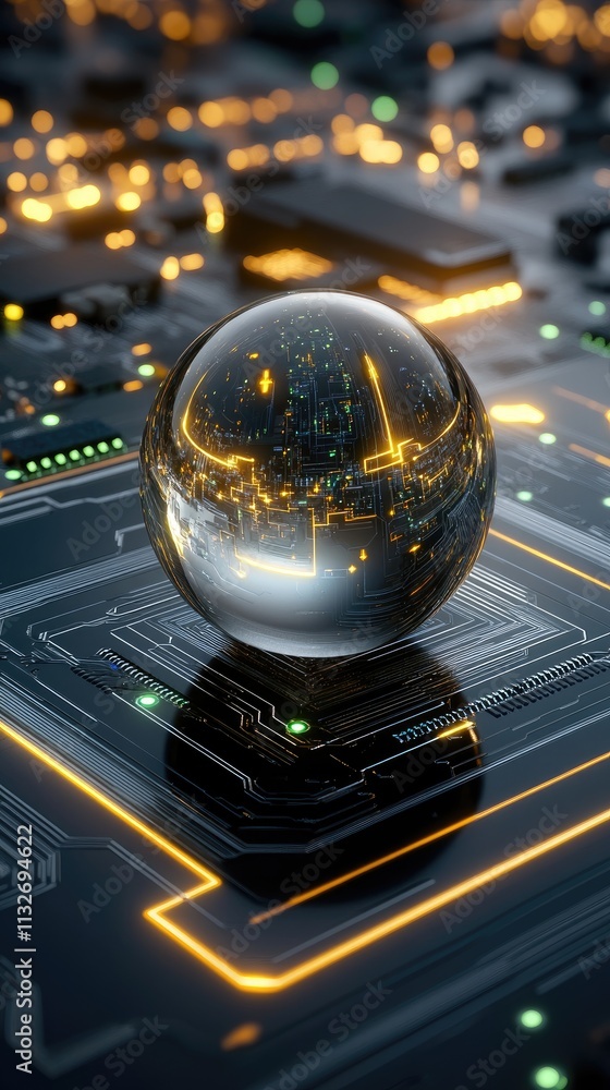 Poster a close-up view features a world globe set on a computer motherboard, emphasizing the blend of techn