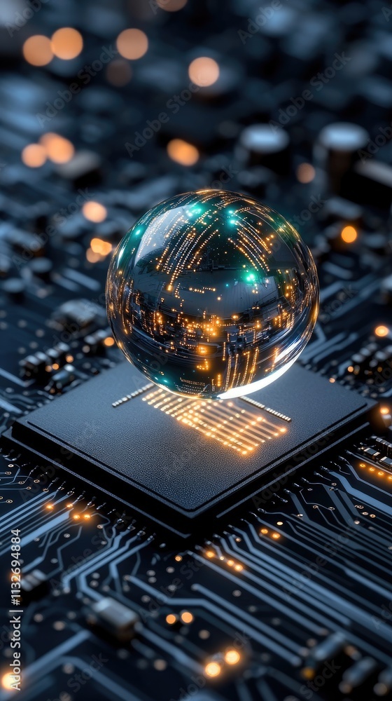 Poster a close-up view features a world globe set on a computer motherboard, emphasizing the blend of techn