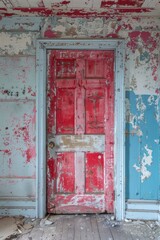 Red Door in a Decaying Building With Peeling Paint