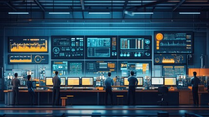 Obraz premium Team monitoring data on large screens in a control room.