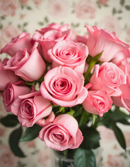 Fototapeta premium Bouquet of pink roses close up, toned, soft focus. Floral vintage background, simple style, with white tones