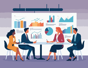 Business Planning concept. Vector illustration in flat style of a group of diverse business people having a discussion at a table with graphs in the background.