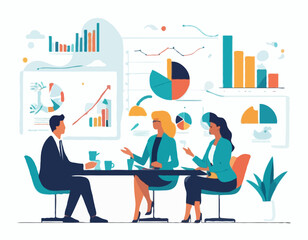 Business Planning concept. Vector illustration in flat style of a group of diverse business people having a discussion at a table with graphs in the background.
