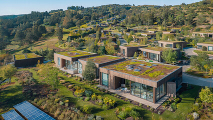 Fototapeta premium An aerial view of a sustainable neighborhood with green roofs, solar panels, and eco-friendly building materials integrated into the design.