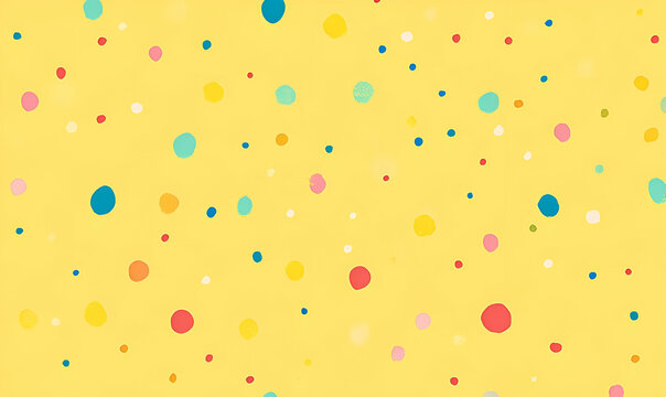 A vibrant yellow background with colorful polka dots, creating a playful and cheerful atmosphere.