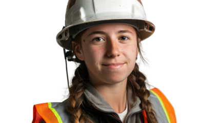 American caucasian young female engineer with safety helmet on white background
