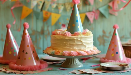 Retro birthday celebration setup with party hats and cake