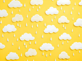 Obraz premium A whimsical pattern of clouds and raindrops on a bright yellow background.