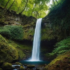 Obraz premium Forest with a Hidden Waterfall, a dense forest with a hidden waterfall cascading into a crystal-clear pool, Beautiful waterfall hidden in the tropical jungle of Bali.