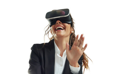 American caucasian young businesswoman watching vr glasses laughing and gesturing with hand on white background
