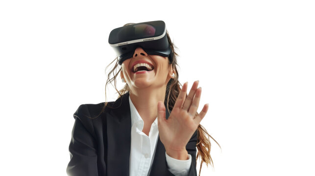 American caucasian young businesswoman watching vr glasses laughing and gesturing with hand on white background