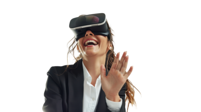 American caucasian young businesswoman watching vr glasses laughing and gesturing with hand on white background
 - Powered by Adobe