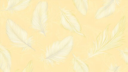 A soft, pastel background featuring delicate white feathers on a light yellow surface.