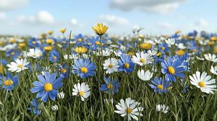 Fototapeta premium Vibrant flower field blooms in rural landscape a spring nature scene in full color