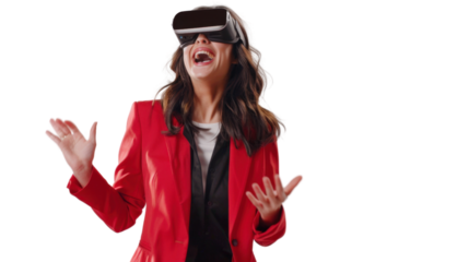 American caucasian young businesswoman watching vr glasses laughing and gesturing with hand on white background
