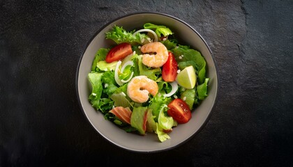 Food photography background, square - Fresh salad with shrimp in a bowl on dark black table