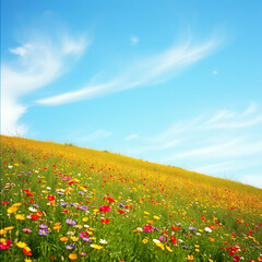 Naklejka premium A field of colorful wildflowers stretches towards a clear blue sky