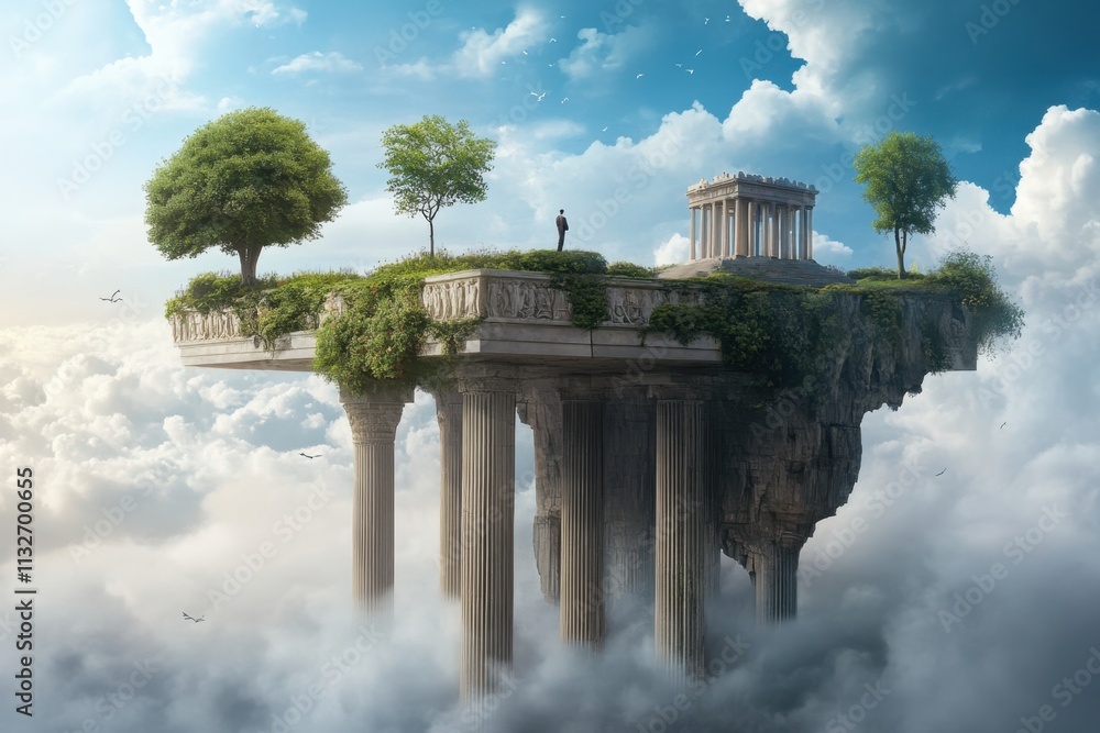 Aufkleber surreal floating island with ancient architecture and lush green trees in a dreamy sky