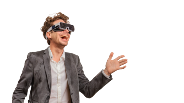 American caucasian young businessman watching vr glasses laughing and gesturing with hand on white background
