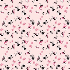 Palm Paradise with Flamingos: Elegant flamingos and tropical palm trees on a soft pastel background create a seamless pattern that exudes tropical sophistication.