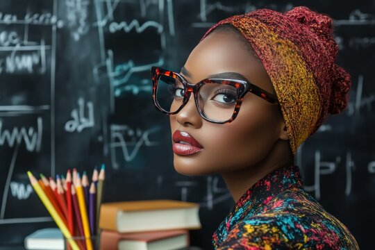 Young woman with stylish glasses and headscarf poses confidently in front of a chalkboard filled with equations, surrounded by colorful art supplies and books for study - Powered by Adobe