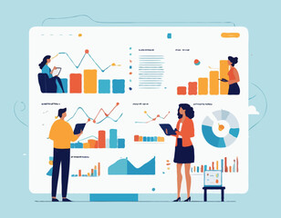 Online Business Analytics Concept. Vector illustration of diverse people in web page windows discussing statistical graphs. Isolated on background