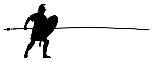 Macedonian phalanx. Greek hoplite with long spear sarissa. Historical silhouette drawing.