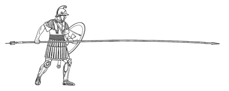 Macedonian phalanx. Greek hoplite with long spear sarissa. Historical drawing.