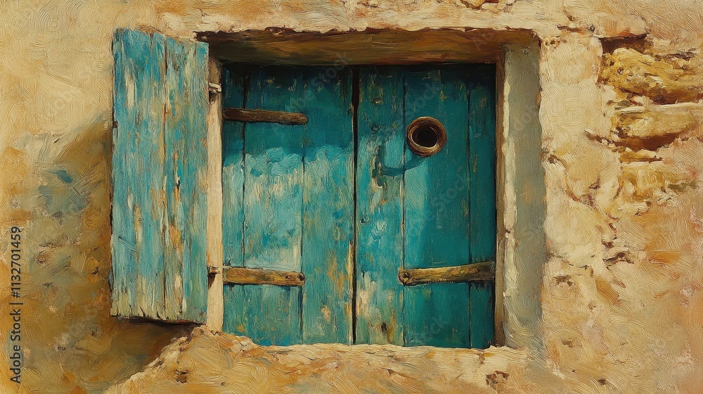 Poster a rustic teal window with partially open shutters