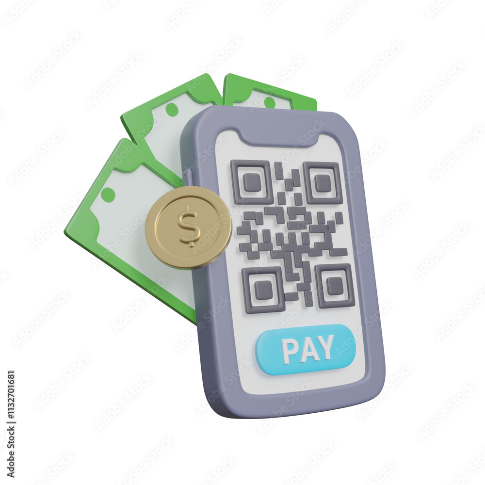 Aufkleber a 3d rendered illustration of a smartphone icon with a qr code, cash and coins, symbolizing the use 