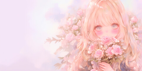Fototapeta premium バラの花束を持つ女性。水彩画。イラスト。