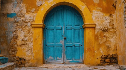 Weathered Teal Door in a Yellow Building