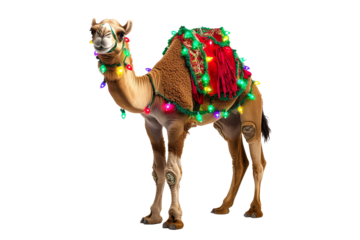 Festive camel decorated with lights desert setting animal photography holiday spirit close-up view