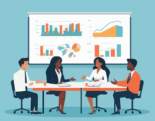 Business Meeting. Vector cartoon illustration in a flat style of a group of diverse people leading a discussion at a table near a whiteboard with charts and graphs. Isolated on background