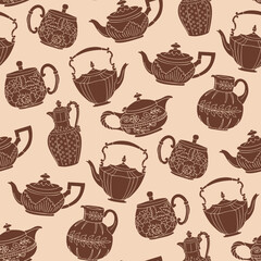 Antique Vintage Coffee and Tea Pots Seamless Vector Pattern Mocha Color in Art Nouveau Victorian Style