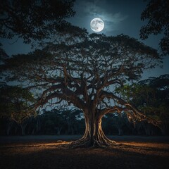Fototapeta premium A sprawling banyan tree glowing under the silvery light of a full moon.