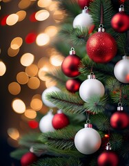 Obraz premium Banner or greeting card Christmas and New Year concept. Close up of red, white baubles on Christmas tree. Bokeh garlands in the background.