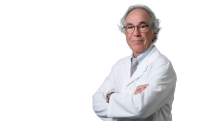 American caucasian senior male handsome doctor arms crossed on white background
