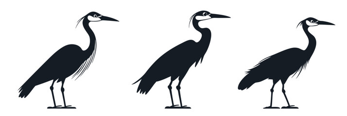 Fototapeta premium Silhouettes of herons, elegant bird designs, three distinct poses, minimalist style, black and white, vector illustration, isolated, flat