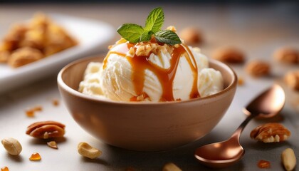 Summer food photography background - Closeup of vanilla ice cream, caramel sauce and nutsin in a bowl on table