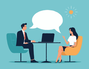 Job interview. Vector flat modern illustration of a man talking to a young woman with laptop. Isolated on background
