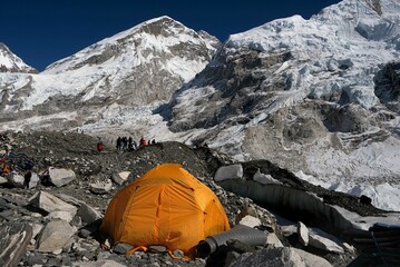 Single yellow tent in Everest Base Camp, Sagarmatha National Park, Khumbu valley, Nepal, Himalayas