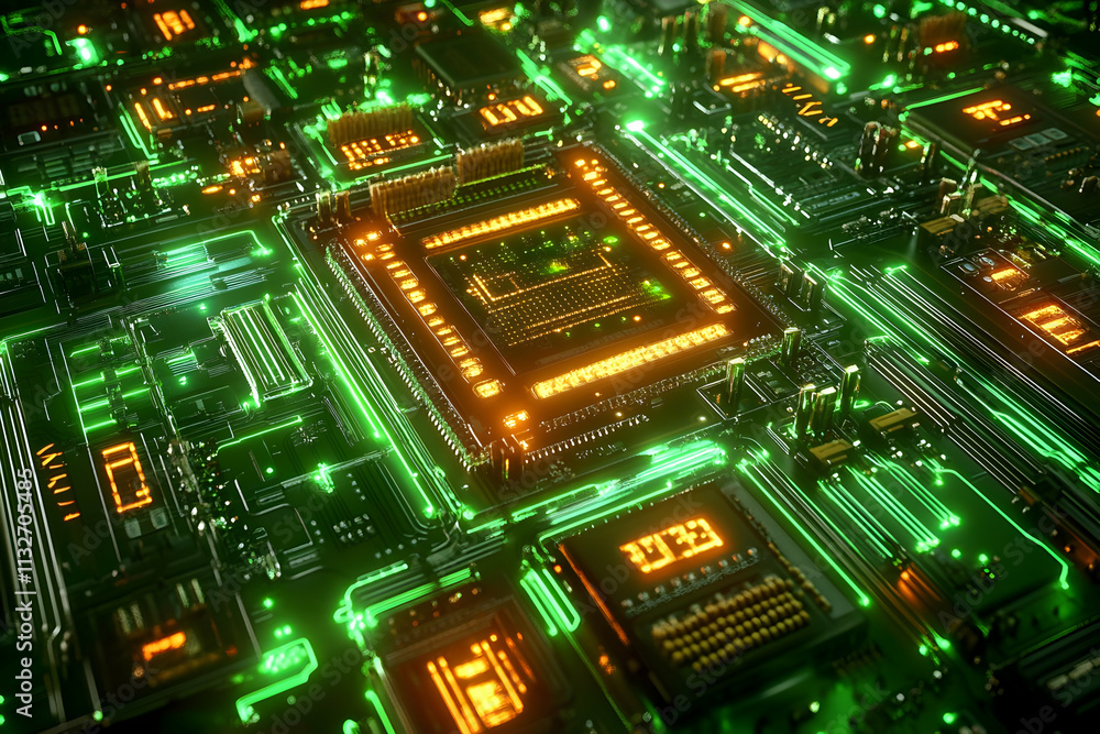 Poster close-up of glowing green and orange circuit board with central processor.