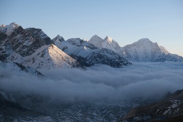 Amazing himalayas panorama with peaks above clouds from  Kala Patthar viewpoint. Everest Base Camp,...