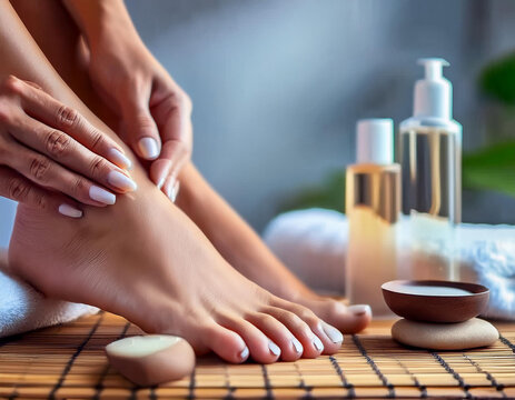 Close-up de unos pies de mujer dandose crema junto a botes de cosmetica para higiene femenina y cuidado de la piel en una sala cl&iacute;nica de spa o masaje